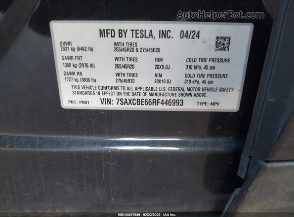7SAXCBE66RF446993 2024 TESLA MODEL X Серый Вид подкапотного пространства