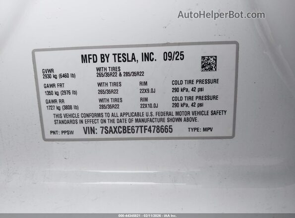 7SAXCBE67TF478665 2026 TESLA MODEL X Белый Вид подкапотного пространства