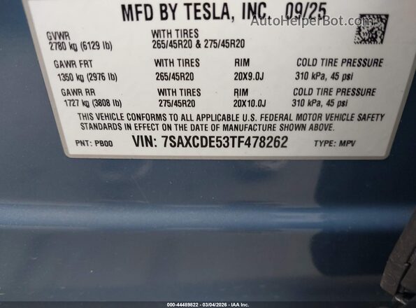 7SAXCDE53TF478262 2026 TESLA MODEL X Синий Вид подкапотного пространства