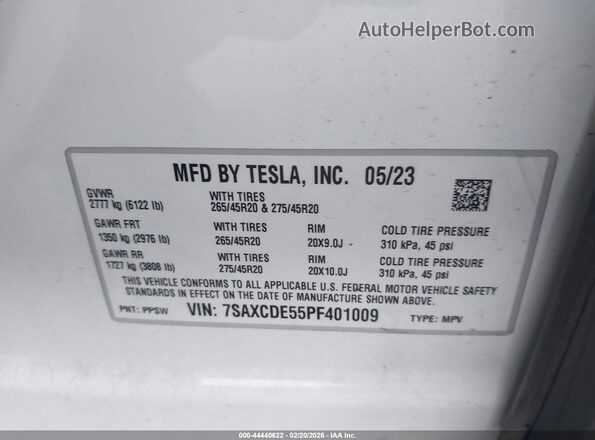 7SAXCDE55PF401009 2023 TESLA MODEL X Белый Вид подкапотного пространства