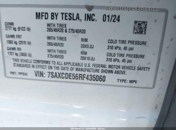 7SAXCDE56RF435060 2024 TESLA MODEL X Белый Вид подкапотного пространства