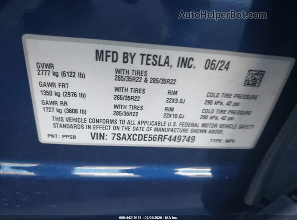 7SAXCDE56RF449749 2024 TESLA MODEL X Синий Вид наклейки с VIN-кодом