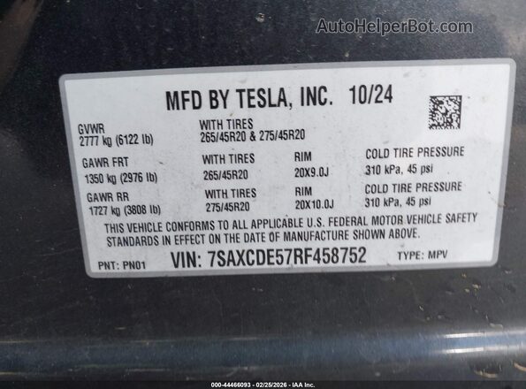 7SAXCDE57RF458752 2024 TESLA MODEL X Gray Вид підкапотного простору