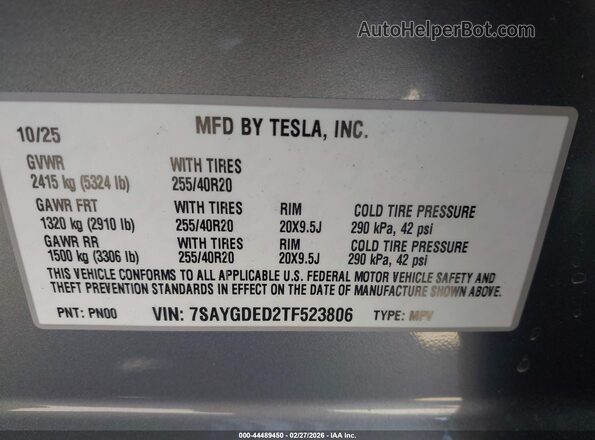 7SAYGDED2TF523806 2026 TESLA MODEL Y Gray Vista del compartimento del motor