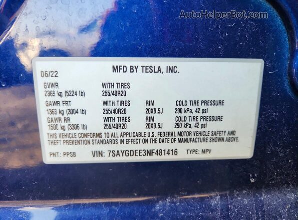 7SAYGDEE3NF481416 2022 TESLA MODEL Blue VIN კოდის სტიკერის ხედი