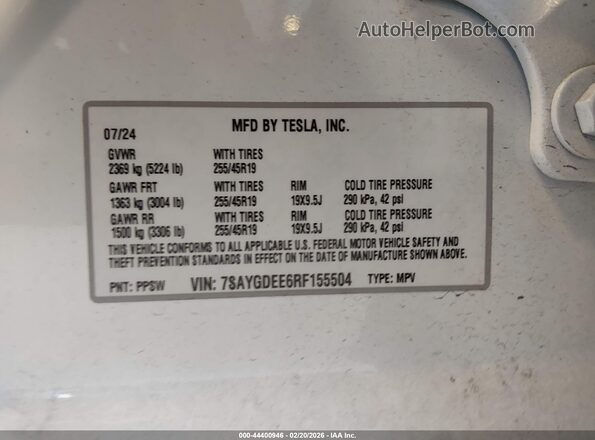 7SAYGDEE6RF155504 2024 TESLA MODEL Y White Widok komory silnika