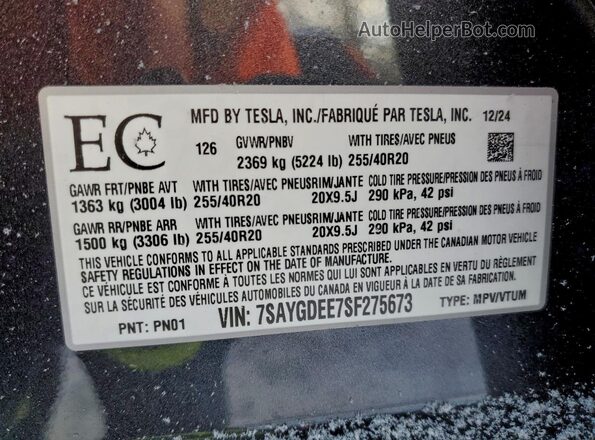 7SAYGDEE7SF275673 2025 TESLA MODEL Charcoal Vista interior de 360 grados