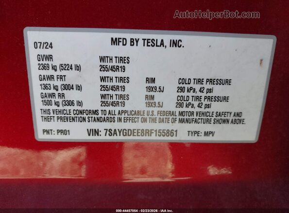 7SAYGDEE8RF155861 2024 TESLA MODEL Y Red Vista del compartimento del motor