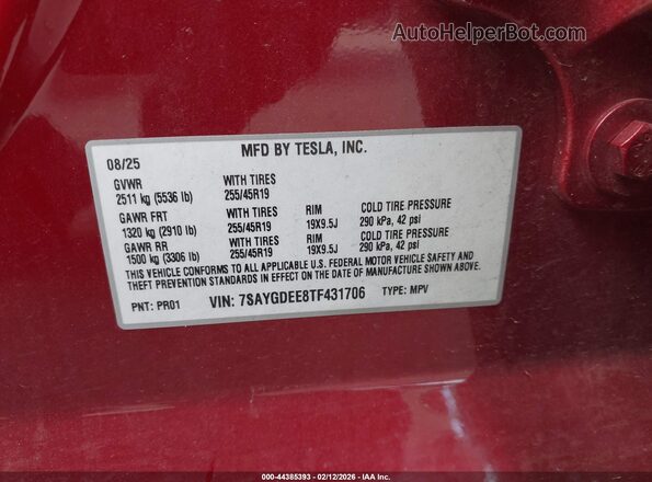 7SAYGDEE8TF431706 2026 TESLA MODEL Y Red Engine compartment view