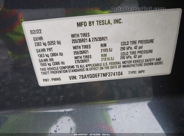 7SAYGDEF7NF374104 2022 TESLA MODEL Y Gray Շարժիչի բաժամունքի տեսք