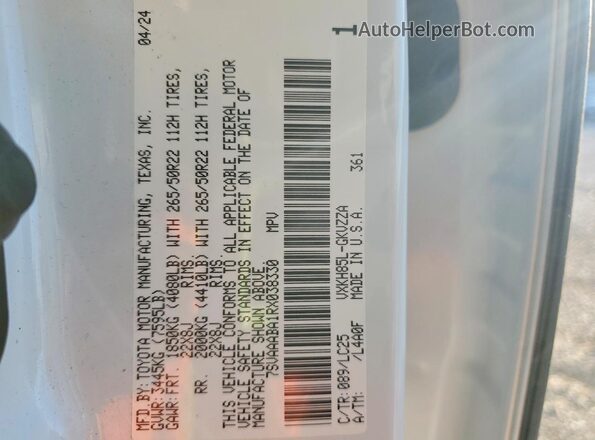 7SVAAABA1RX038330 2024 TOYOTA SEQUOIA White Vista de la etiqueta del VIN