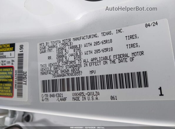 7SVAAABA7RX038557 2024 TOYOTA SEQUOIA Белый Вид подкапотного пространства