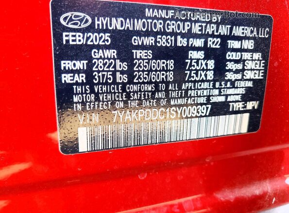 7YAKPDDC1SY009397 2025 HYUNDAI IONIQ Red Vista de la etiqueta del VIN