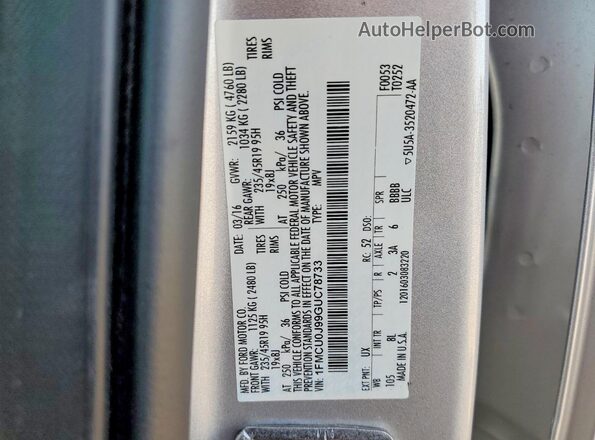 1FMCU0J99GUC78733 2016 FORD ESCAPE Серебряный Вид наклейки с VIN-кодом