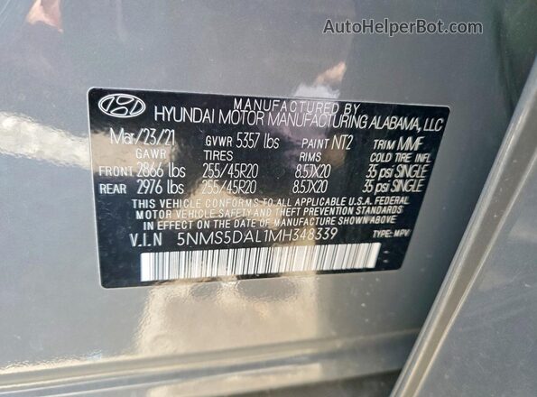 5NMS5DAL1MH348339 2021 HYUNDAI SANTA FE CALLIGRAPHY Silver Widok naklejki z numerem VIN