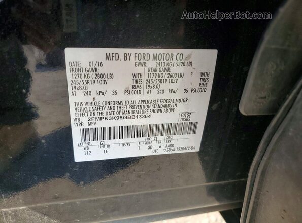 2FMPK3K96GBB13364 2016 FORD EDGE Черный Панорамный вид салона 360°