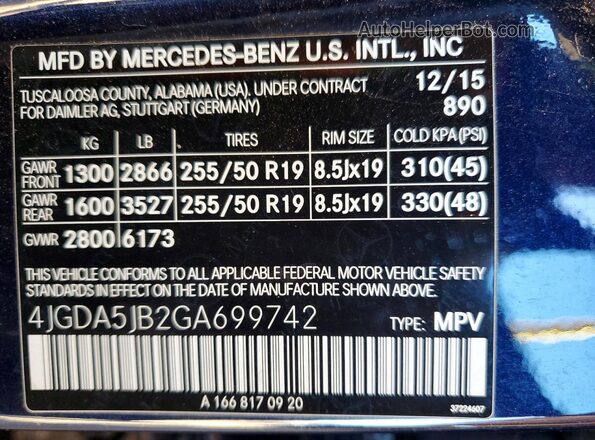 4JGDA5JB2GA699742 2016 MERCEDES-BENZ GLE Blue Widok naklejki z numerem VIN