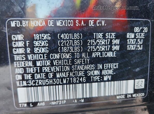 3CZRU5H30LM718246 2020 HONDA HR-V Black Vista de la etiqueta del VIN