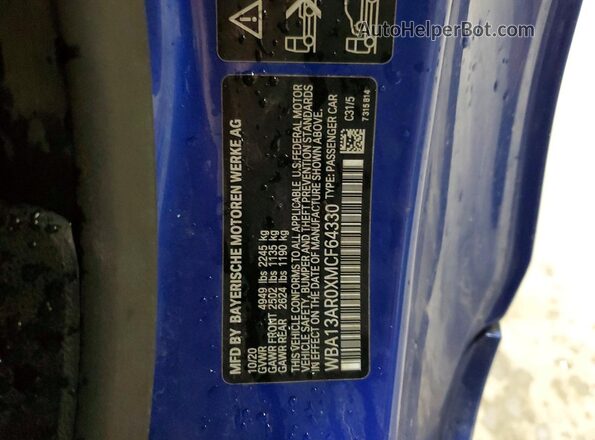 WBA13AR0XMCF64330 2021 BMW M4 Синий Вид наклейки с VIN-кодом