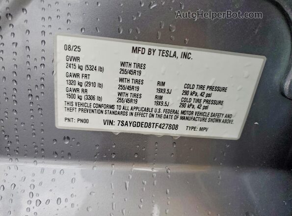 7SAYGDED8TF427808 2026 TESLA MODEL Y Silver Widok naklejki z numerem VIN