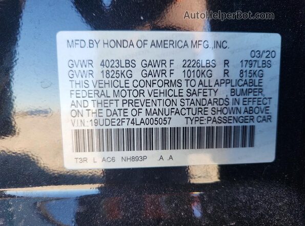 19UDE2F74LA005057 2020 ACURA ILX Черный Вид наклейки с VIN-кодом