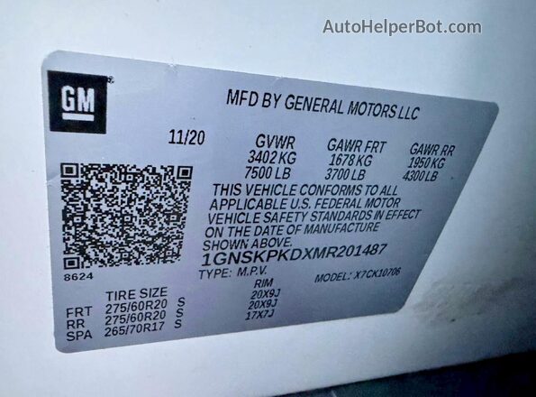 1GNSKPKDXMR201487 2021 CHEVROLET TAHOE Белый Вид задней части салона