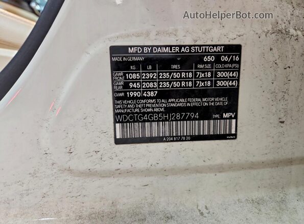 WDCTG4GB5HJ287794 2017 MERCEDES-BENZ GLA Белый Вид наклейки с VIN-кодом
