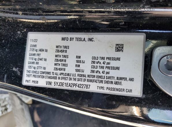 5YJ3E1EA2PF422787 2023 TESLA MODEL Черный Вид наклейки с VIN-кодом