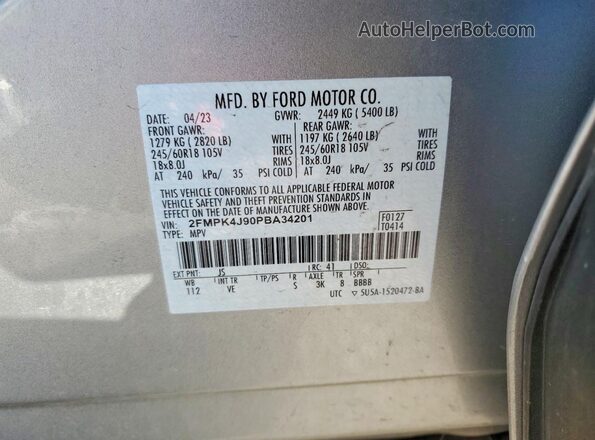 2FMPK4J90PBA34201 2023 FORD EDGE Серебряный Панорамный вид салона 360°