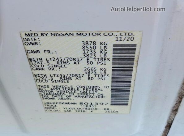 1N6BF0KM6MN801397 2021 NISSAN NV Белый Панорамный вид салона 360°