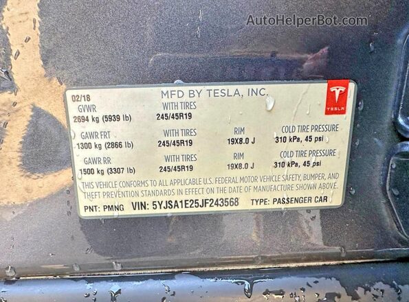 5YJSA1E25JF243568 2018 TESLA MODEL Серый Вид задней части салона