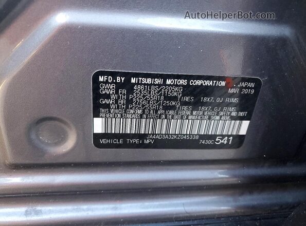 JA4AD3A32KZ045338 2019 MITSUBISHI OUTLANDER Серый Вид наклейки с VIN-кодом