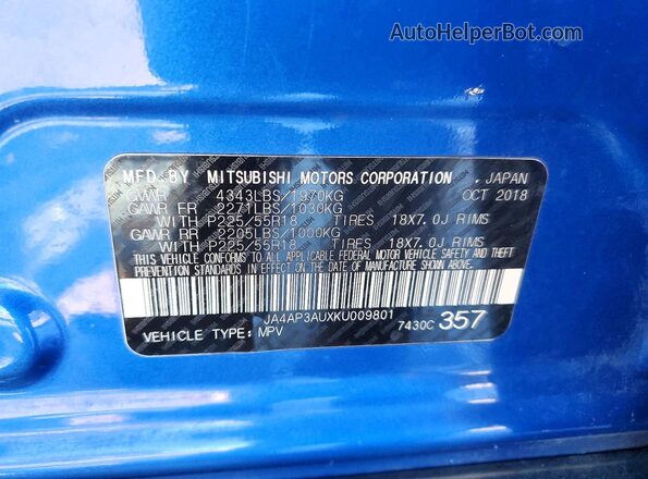 JA4AP3AUXKU009801 2019 MITSUBISHI OUTLANDER Синий Вид наклейки с VIN-кодом