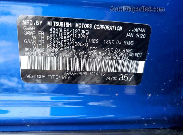 JA4AR3AU8LU024115 2020 MITSUBISHI OUTLANDER Blue Вид наклейки з VIN-кодом