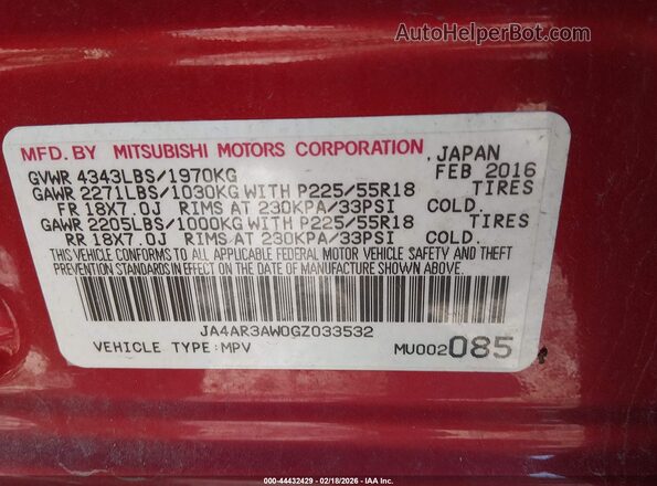 JA4AR3AW0GZ033532 2016 MITSUBISHI OUTLANDER SPORT Красный Вид подкапотного пространства