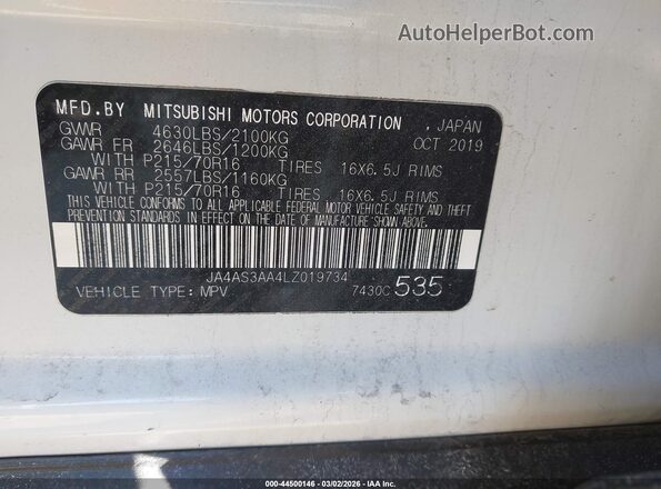 JA4AS3AA4LZ019734 2020 MITSUBISHI ECLIPSE CROSS Белый Вид подкапотного пространства