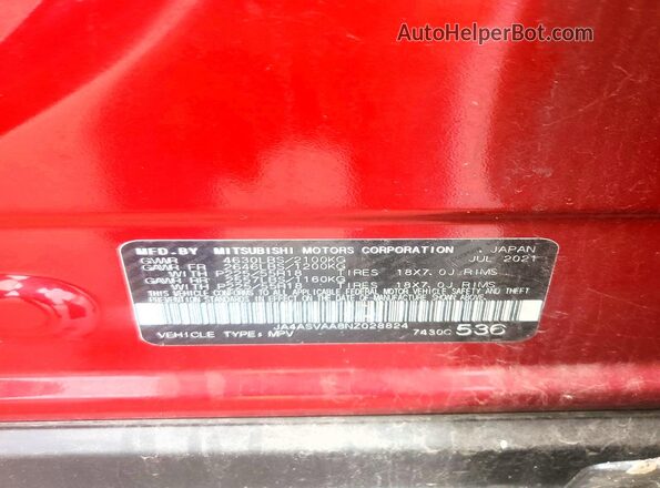 JA4ASVAA8NZ028824 2022 MITSUBISHI ECLIPSE Red Widok naklejki z numerem VIN
