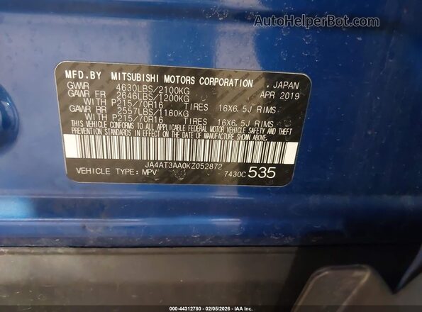 JA4AT3AA0KZ052872 2019 MITSUBISHI ECLIPSE CROSS Синий Вид подкапотного пространства