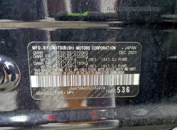 JA4ATWAA0NZ062209 2022 MITSUBISHI ECLIPSE Черный Вид наклейки с VIN-кодом