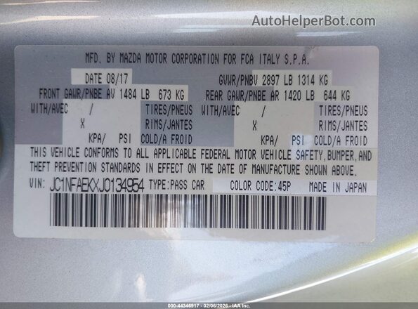 JC1NFAEKXJ0134954 2018 FIAT 124 SPIDER Серебряный Вид подкапотного пространства