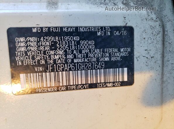 JF1GPAP61GH287649 2016 SUBARU IMPREZA Белый Панорамный вид салона 360°