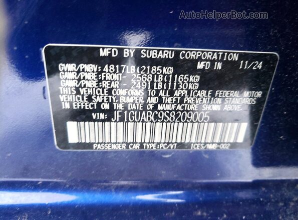 JF1GUABC9S8209005 2025 SUBARU IMPREZA Blue Widok naklejki z numerem VIN