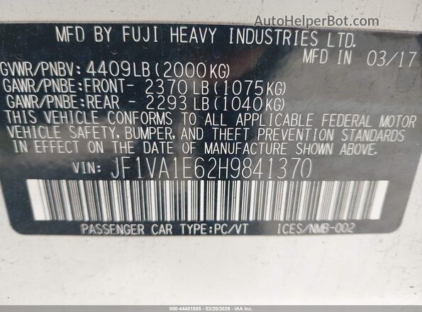 JF1VA1E62H9841370 2017 SUBARU WRX White Vista del compartimento del motor