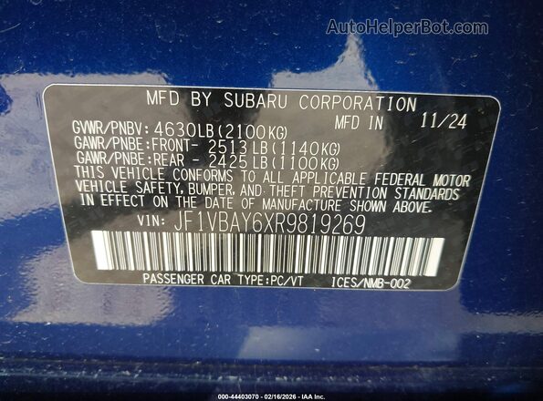 JF1VBAY6XR9819269 2024 SUBARU WRX Синий Вид подкапотного пространства