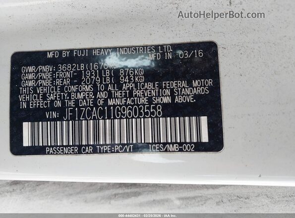 JF1ZCAC11G9603558 2016 SUBARU BRZ White Vista del compartimento del motor