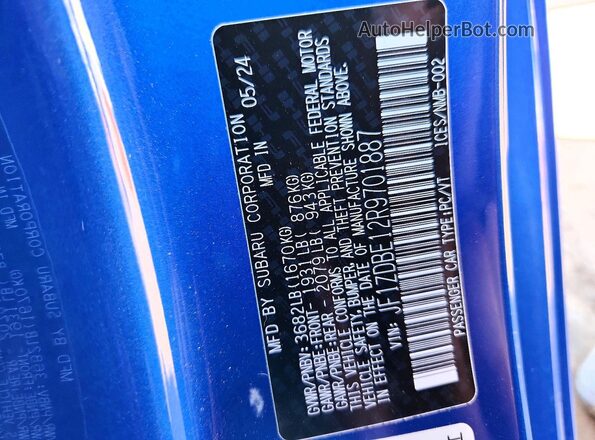 JF1ZDBE12R9701887 2024 SUBARU BRZ Blue Widok naklejki z numerem VIN
