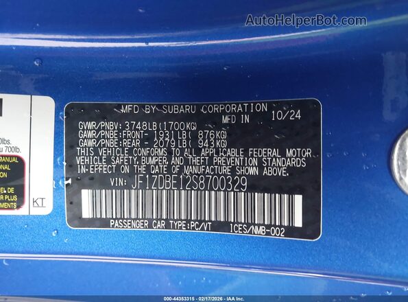 JF1ZDBE12S8700329 2025 SUBARU BRZ Синий Вид подкапотного пространства
