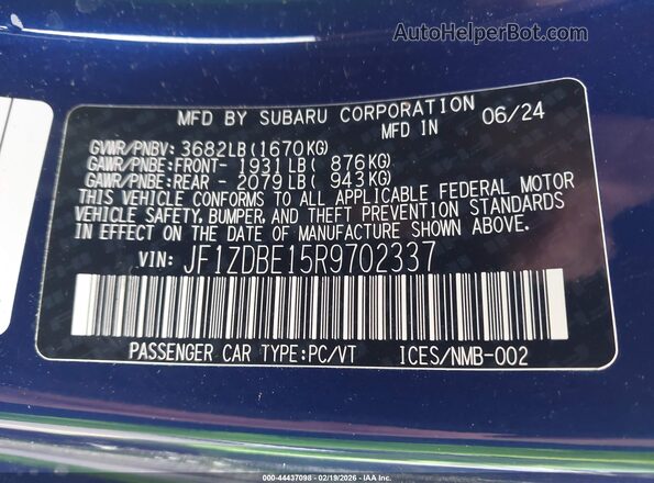 JF1ZDBE15R9702337 2024 SUBARU BRZ Blue Widok komory silnika