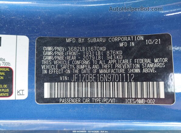 JF1ZDBE16N9701112 2022 SUBARU BRZ Синий Вид подкапотного пространства