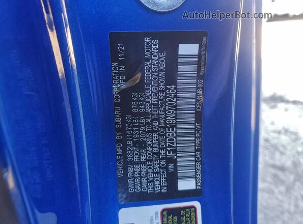 JF1ZDBE19N9702464 2022 SUBARU BRZ Синий Вид наклейки с VIN-кодом
